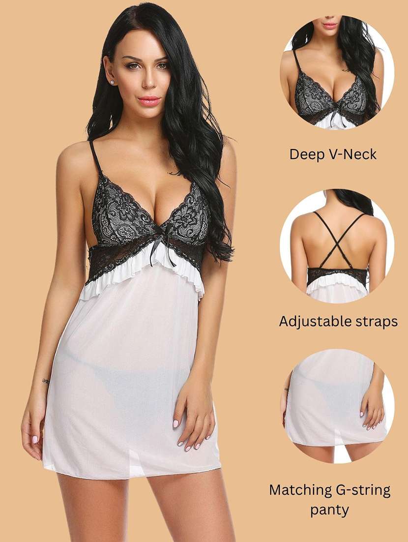women self design shoulder strap babydoll set - 22514814 -  Standard Image - 3