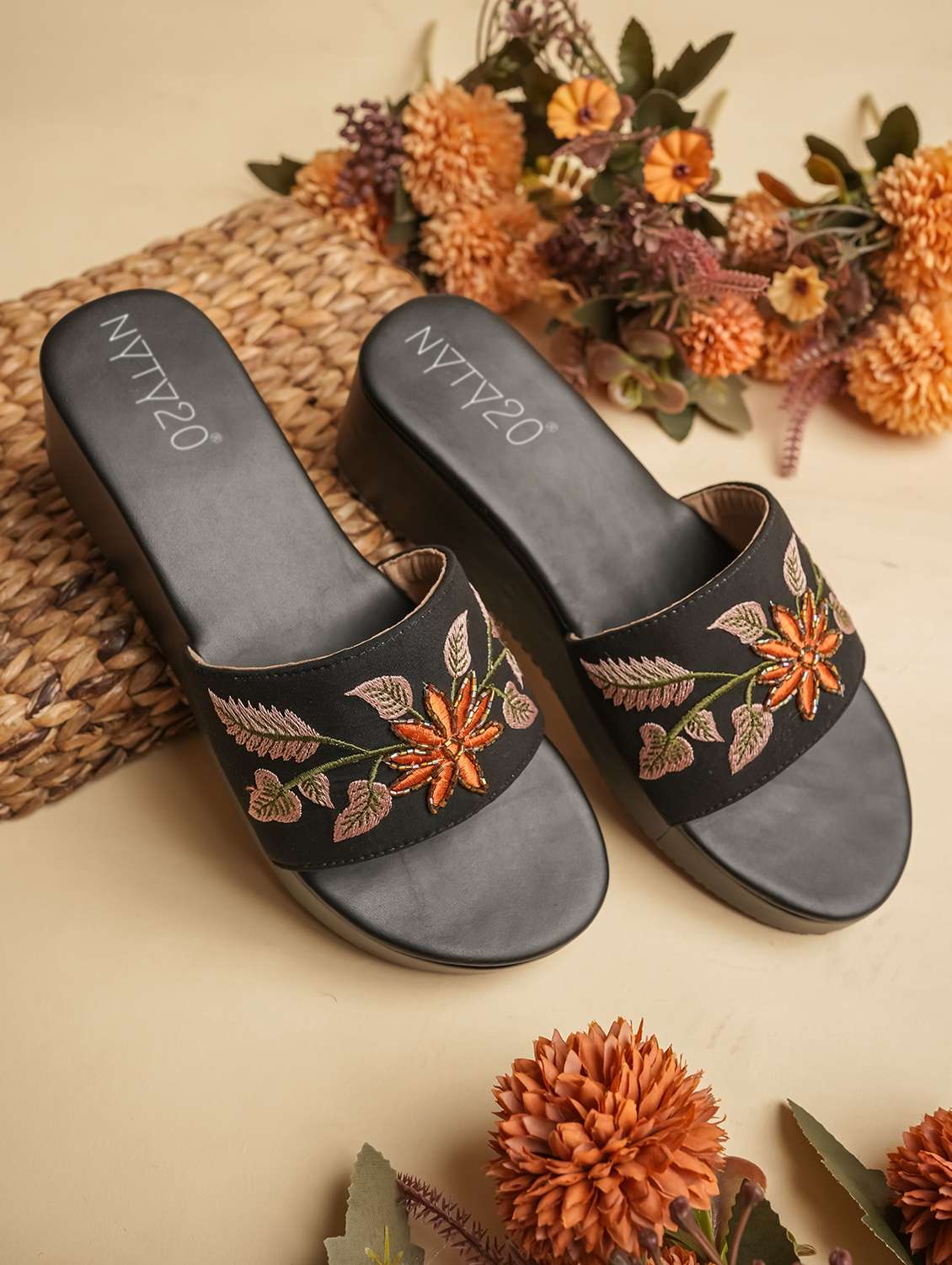 women embroidered slip on wedges