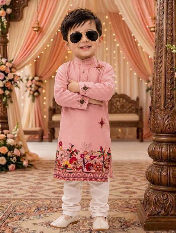 boys embroidered mandarin neck kurta pyjama set