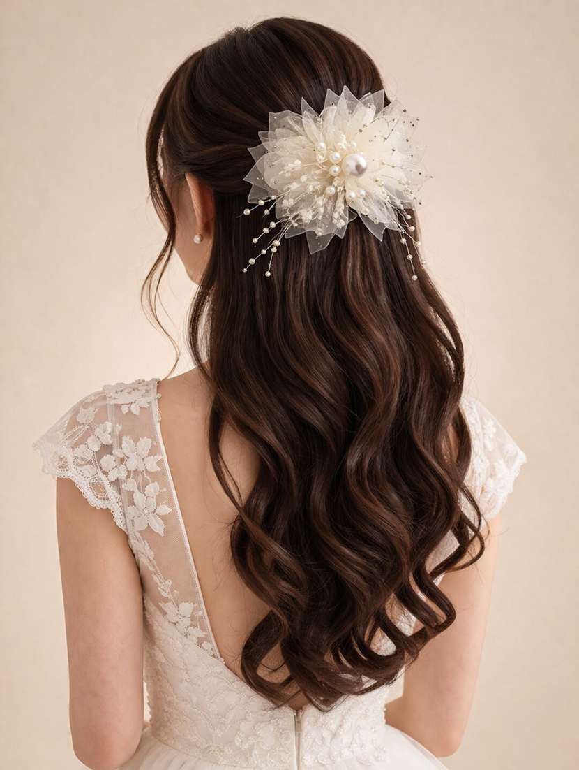 elegant white pearl embellished floral hair claw clip for women