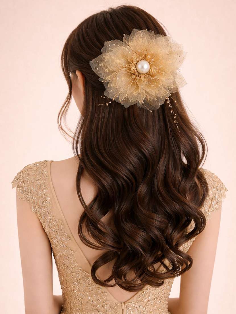 elegant gold pearl embellished floral hair claw clip for women