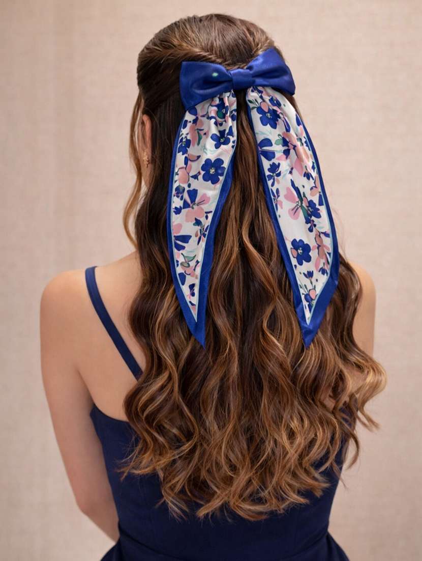 blue satin bow hair clip with floral scarf tails