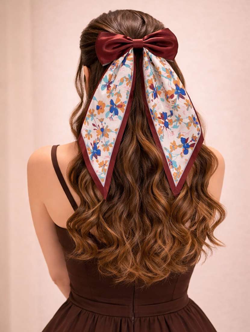 brown satin bow hair clip with floral scarf tails