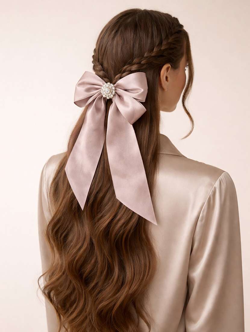 premium satin beige bow hair clip with pearl embellishment