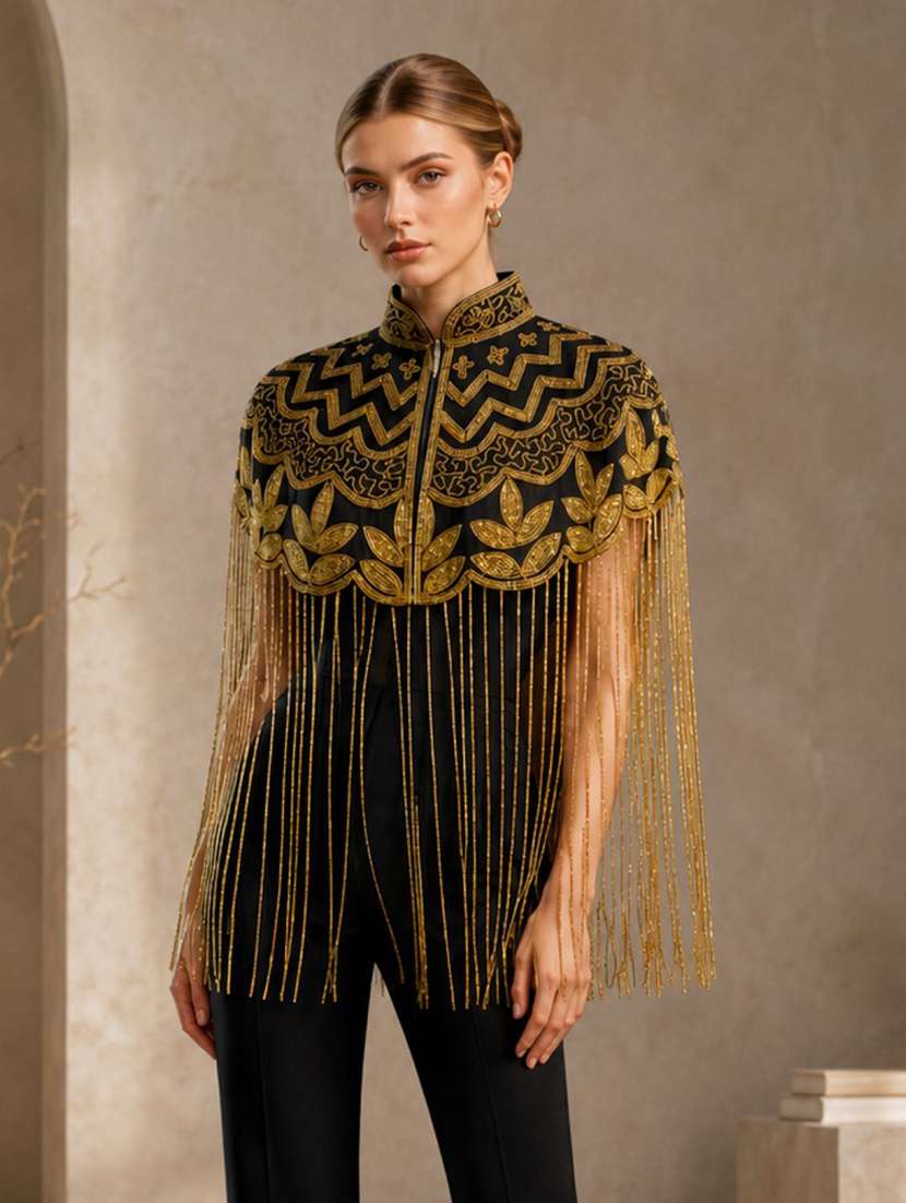 women embroidered cape with fringes
