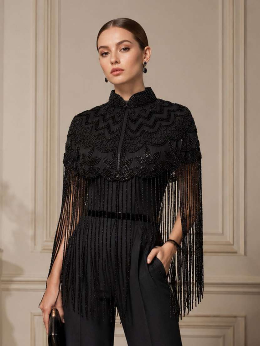 women embroidered cape with fringes