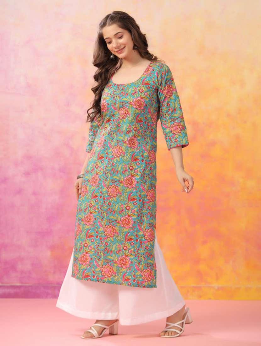 women printed three quarter sleeve straight kurta