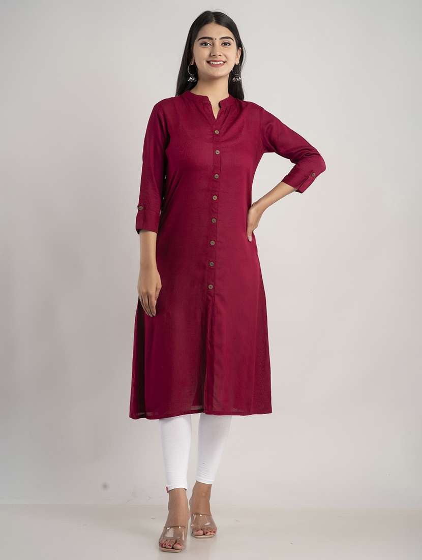 women solid three quarter sleeve a-line kurta