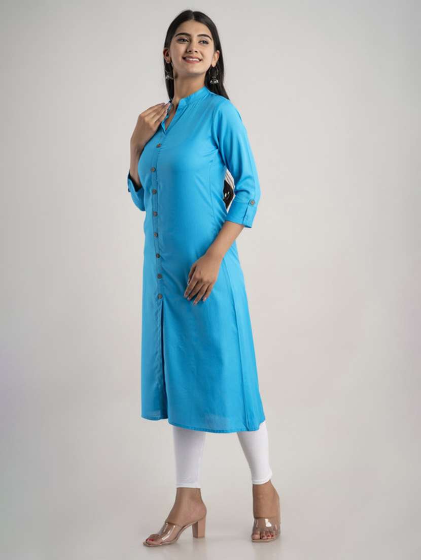 women solid three quarter sleeve a-line kurta - 22514962 -  Standard Image - 3