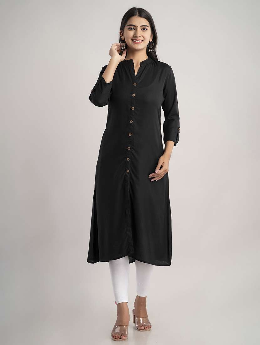 women solid three quarter sleeve a-line kurta