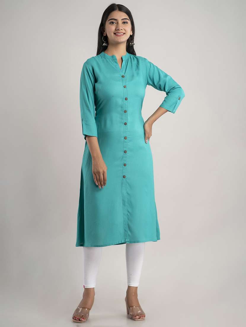 women solid three quarter sleeve a-line kurta