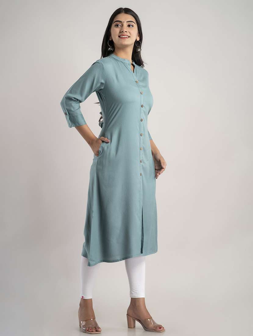 women solid three quarter sleeve a-line kurta - 22514970 -  Standard Image - 3