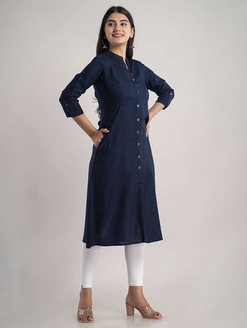 women solid three quarter sleeve a-line kurta - 22514972 -  Standard Image - 3