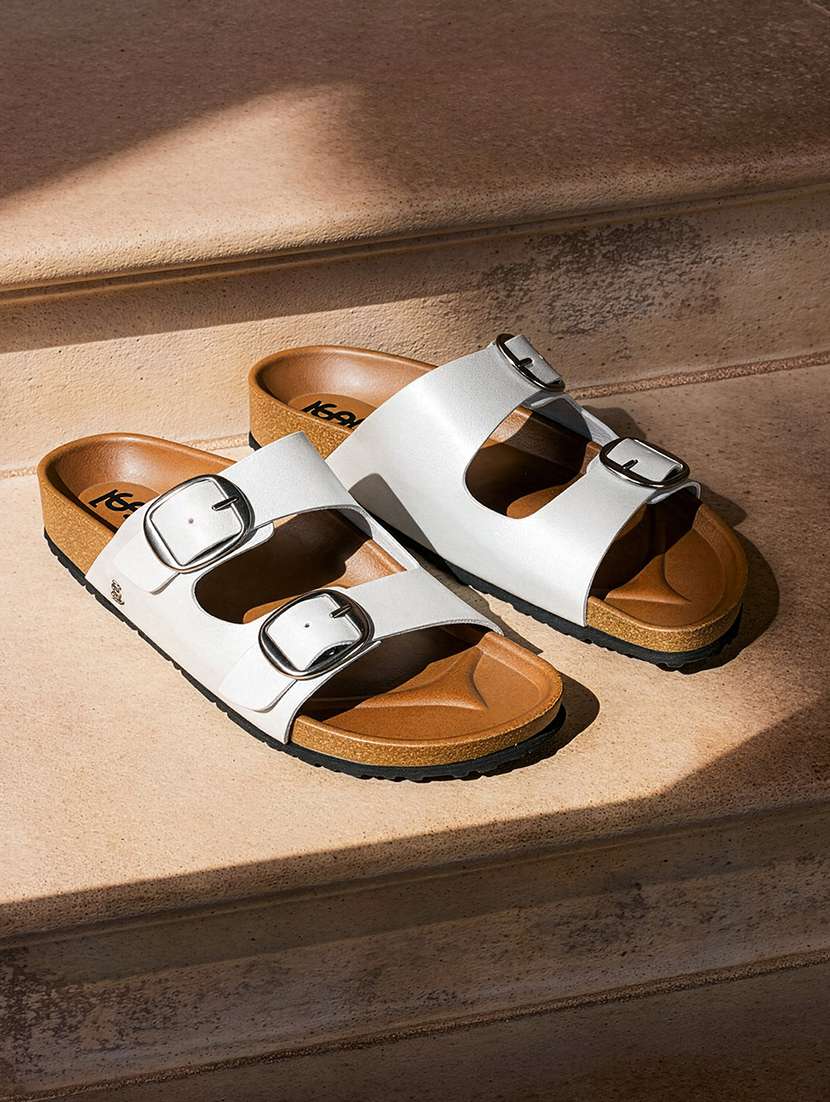 women solid slip on double strap sandal