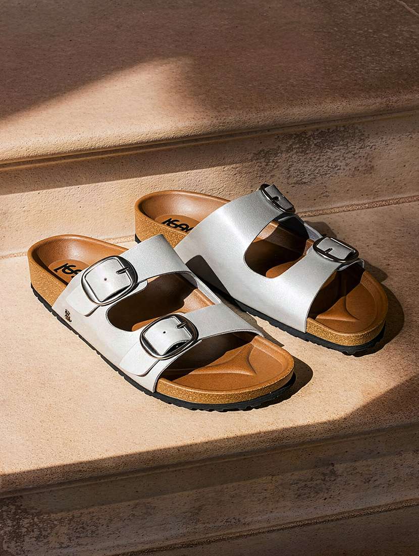 women solid slip on double strap sandal