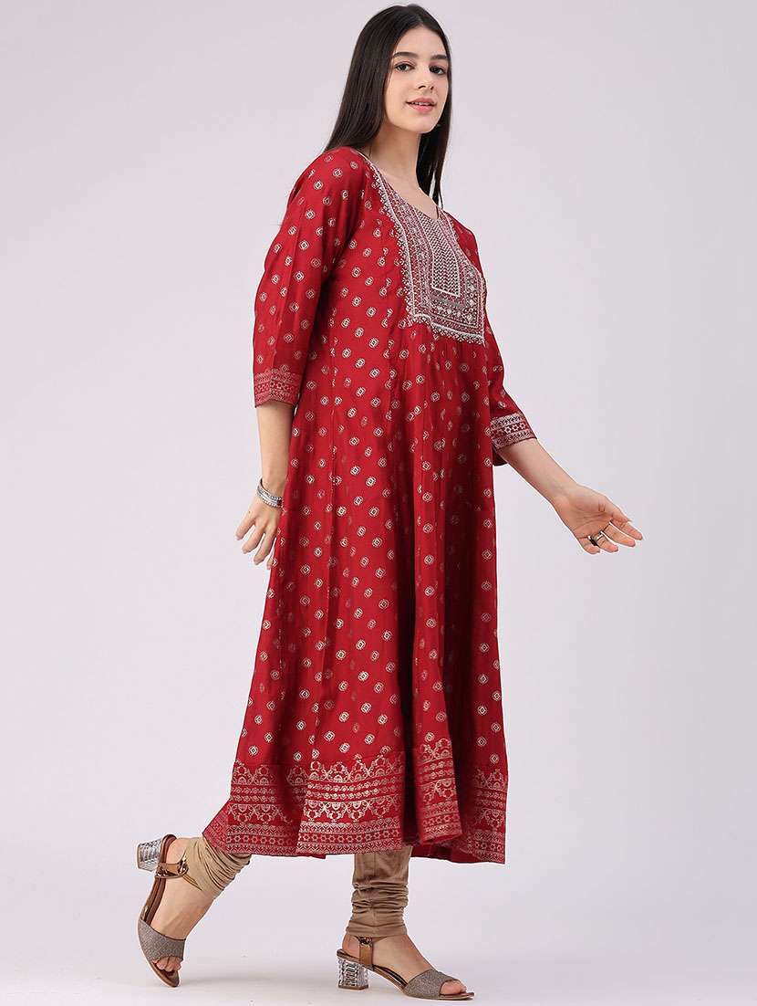 Women Printed Three Quarter Sleeve Anarkali Kurta - 22515454 -  Standard Image - 3