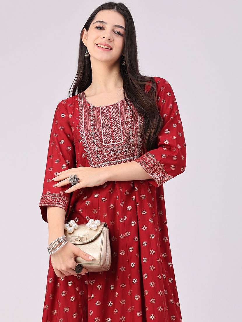 Women Printed Three Quarter Sleeve Anarkali Kurta - 22515454 -  Standard Image - 5