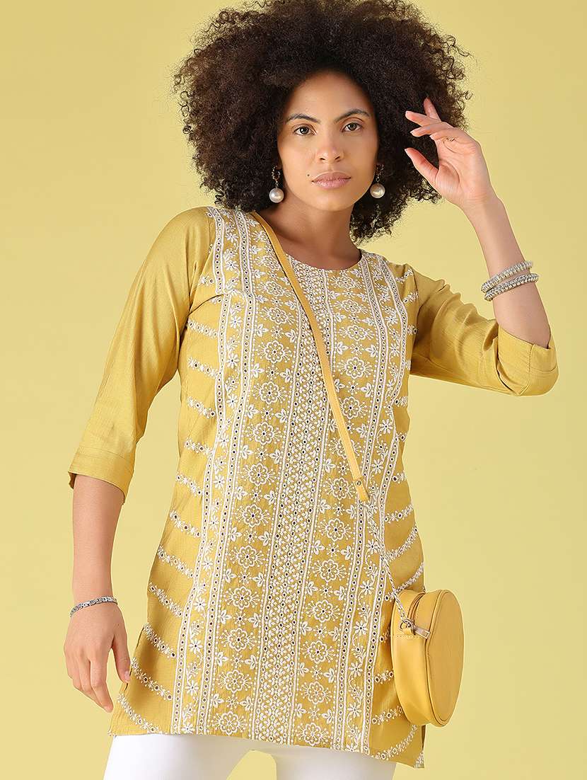 women embroidered three quarter sleeve straight kurti