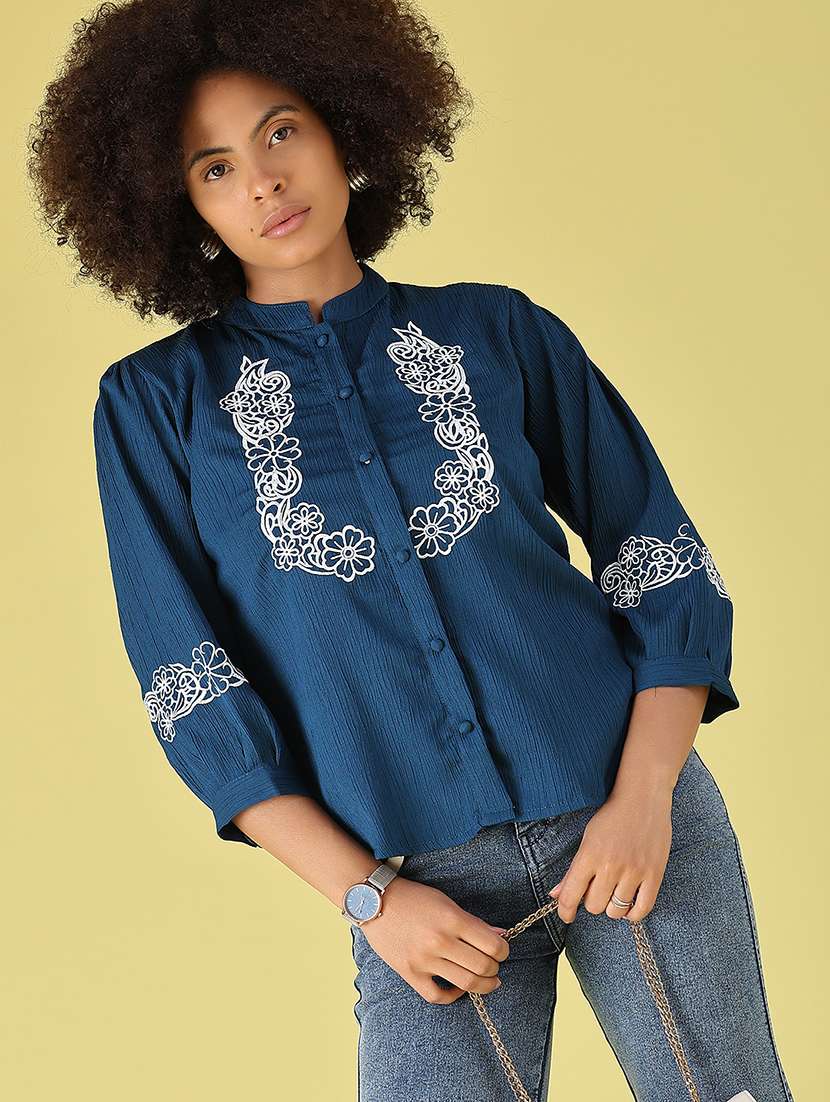 women embroidered three quarter sleeves regular top