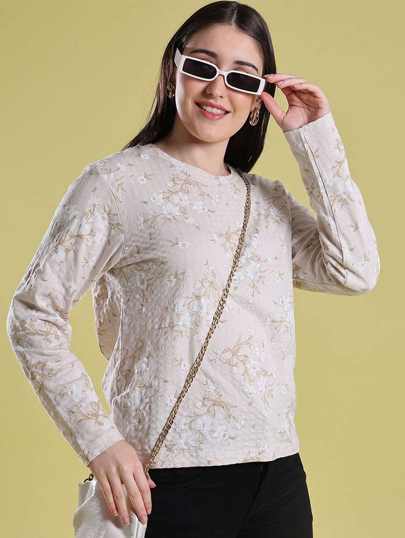 women self design long sleeves regular fit t-shirt