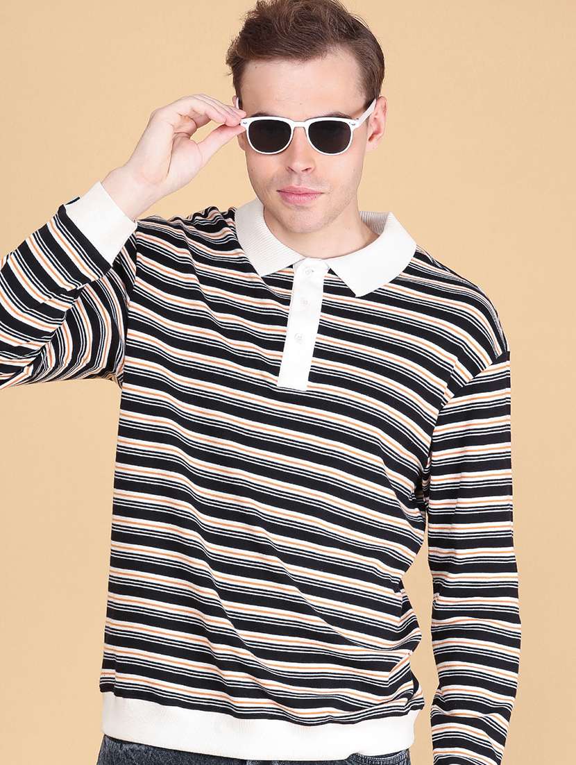 men striped long sleeves polo t-shirt