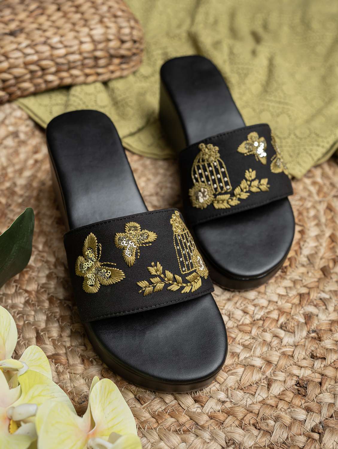 women embroidered slip on wedges