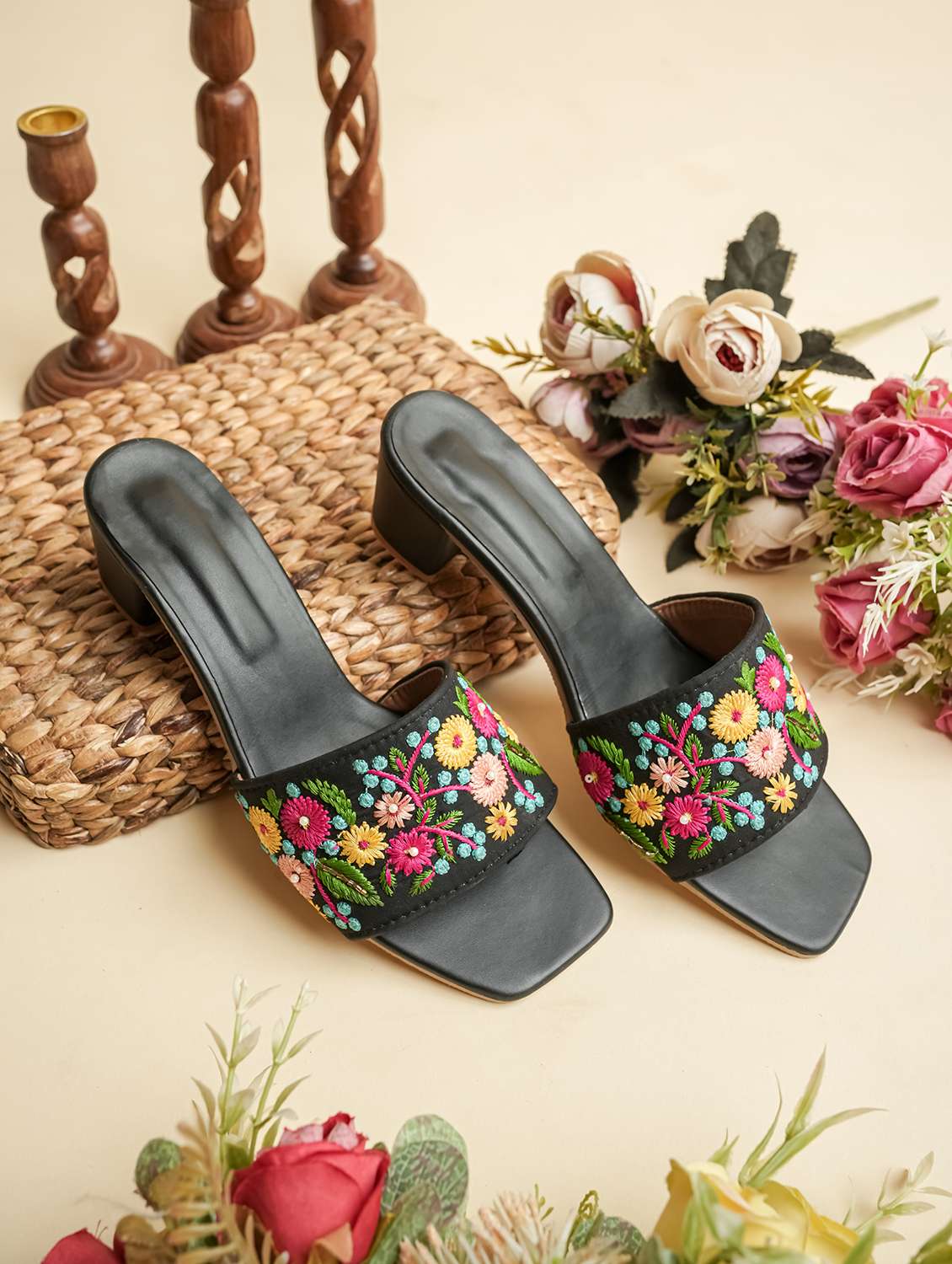 women embroidered slip on open toe sandal