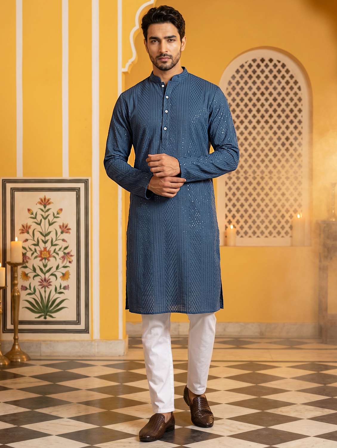 men embroidered mandarin neck kurta pyjama set