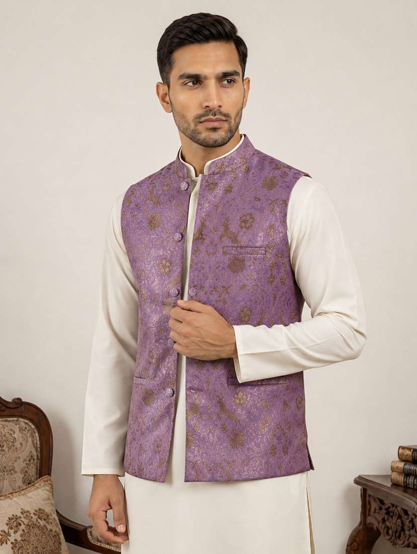 men self design mandarin neck nehru jacket