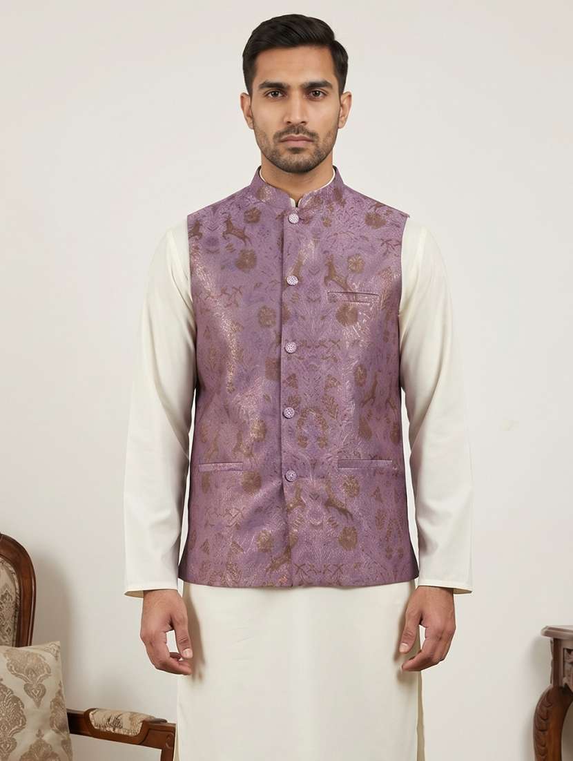 men self design mandarin neck nehru jacket - 22517925 -  Standard Image - 3