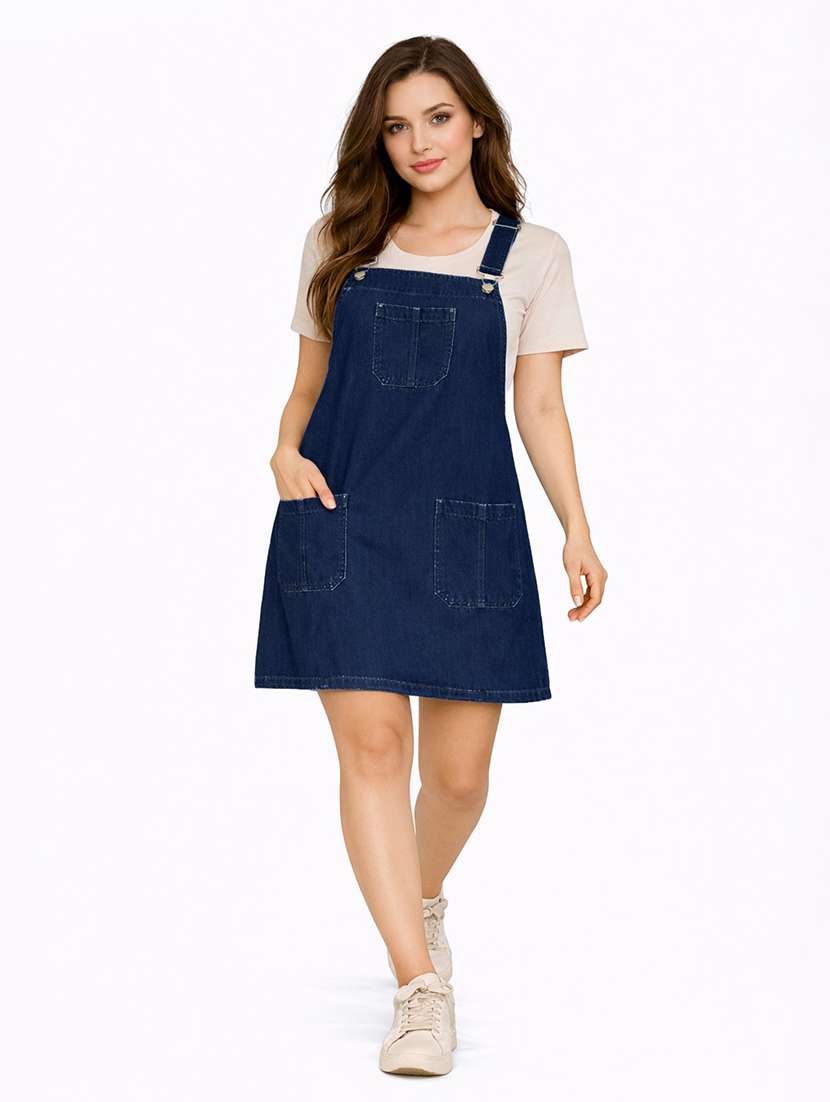 women solid shoulder strap dungaree dress