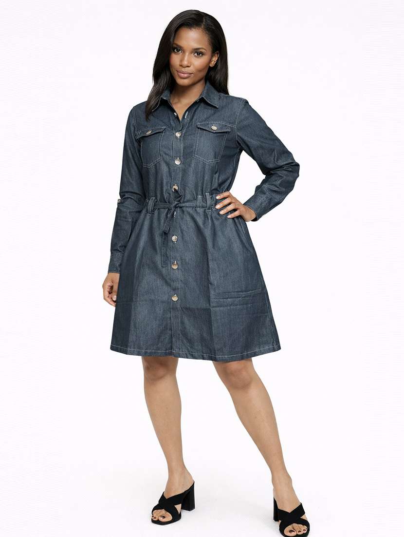 women solid collared a-line dress