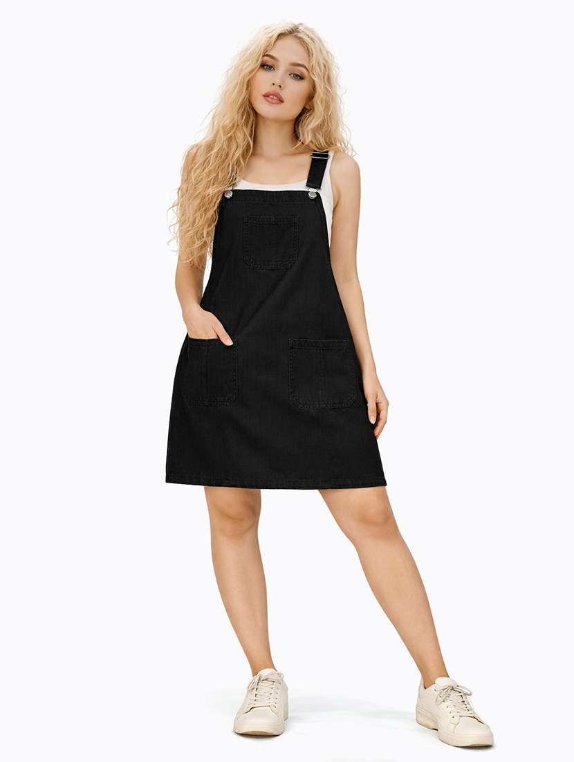 women solid shoulder strap dungaree dress