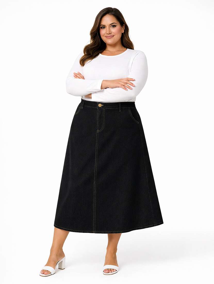 women solid mid rise denim skirt