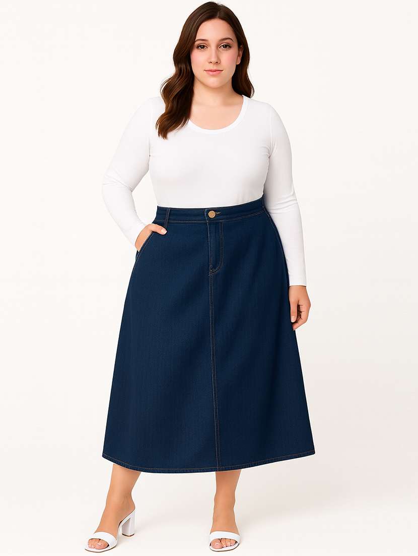women solid mid rise denim skirt