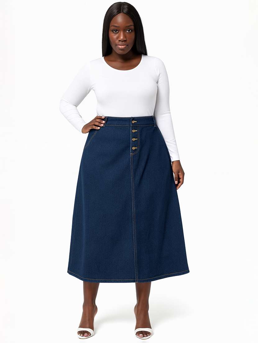 women solid mid rise denim skirt