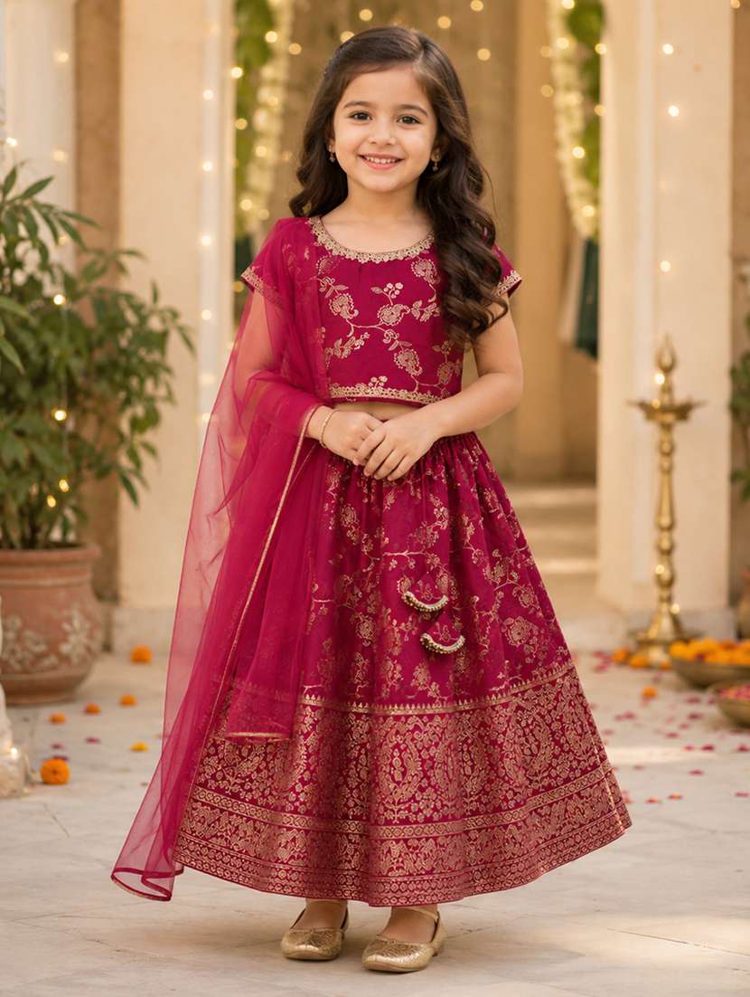 girls self design short sleeve lehenga choli set