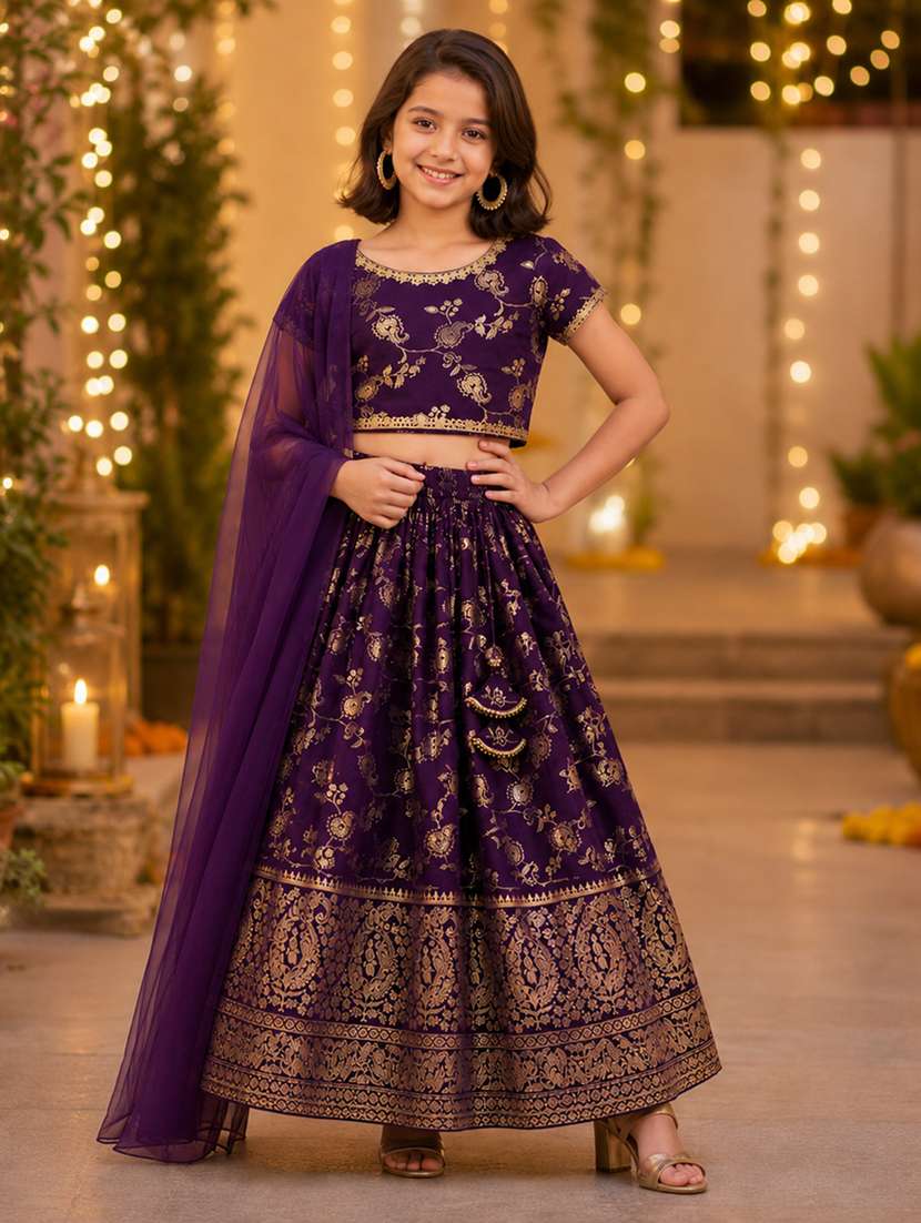 girls self design short sleeve lehenga choli set