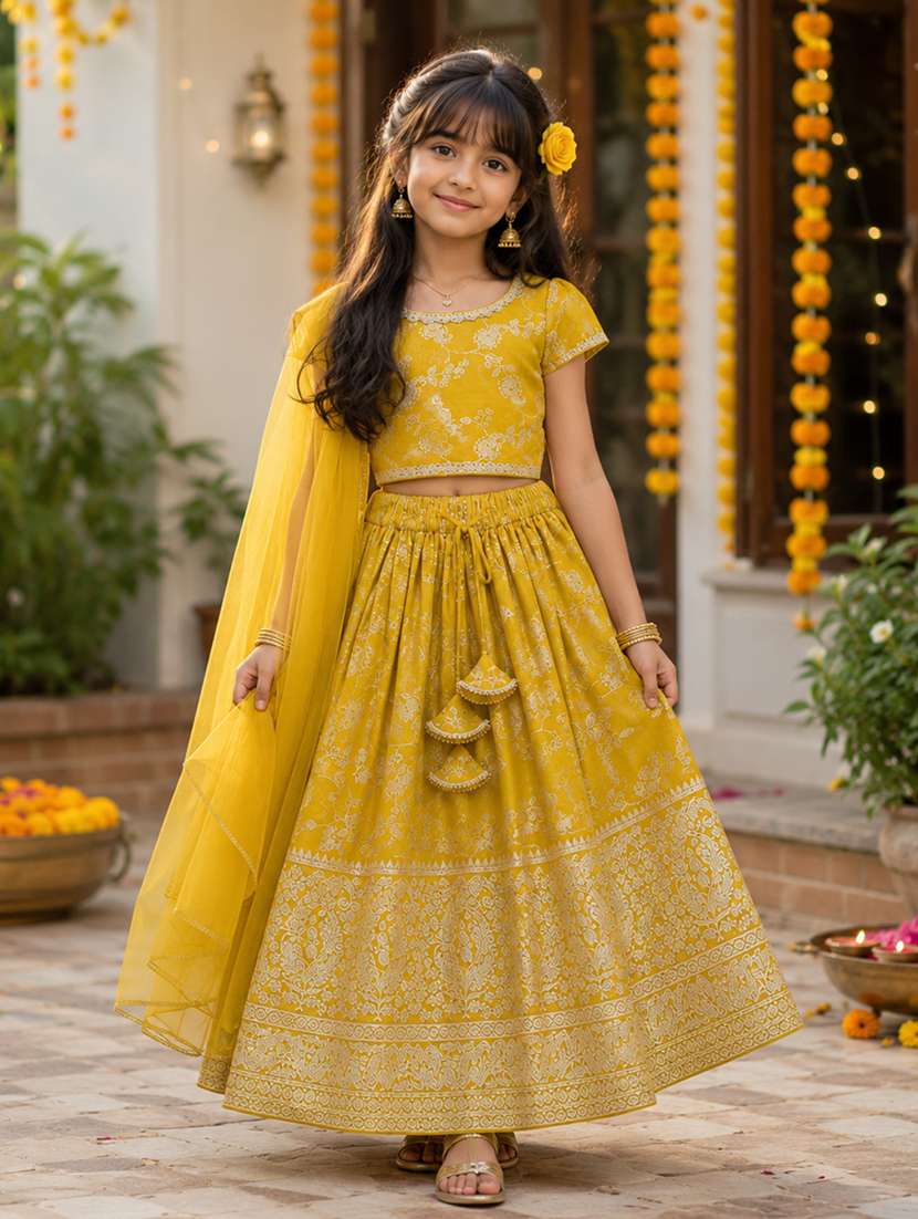 girls self design short sleeve lehenga choli set