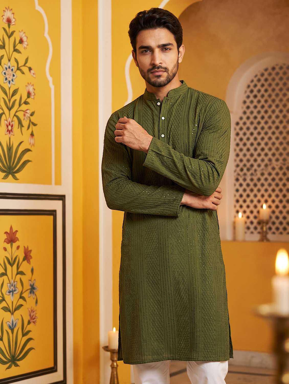 Men Embroidered Mandarin Neck Long Kurta - 22518246 -  Standard Image - 3