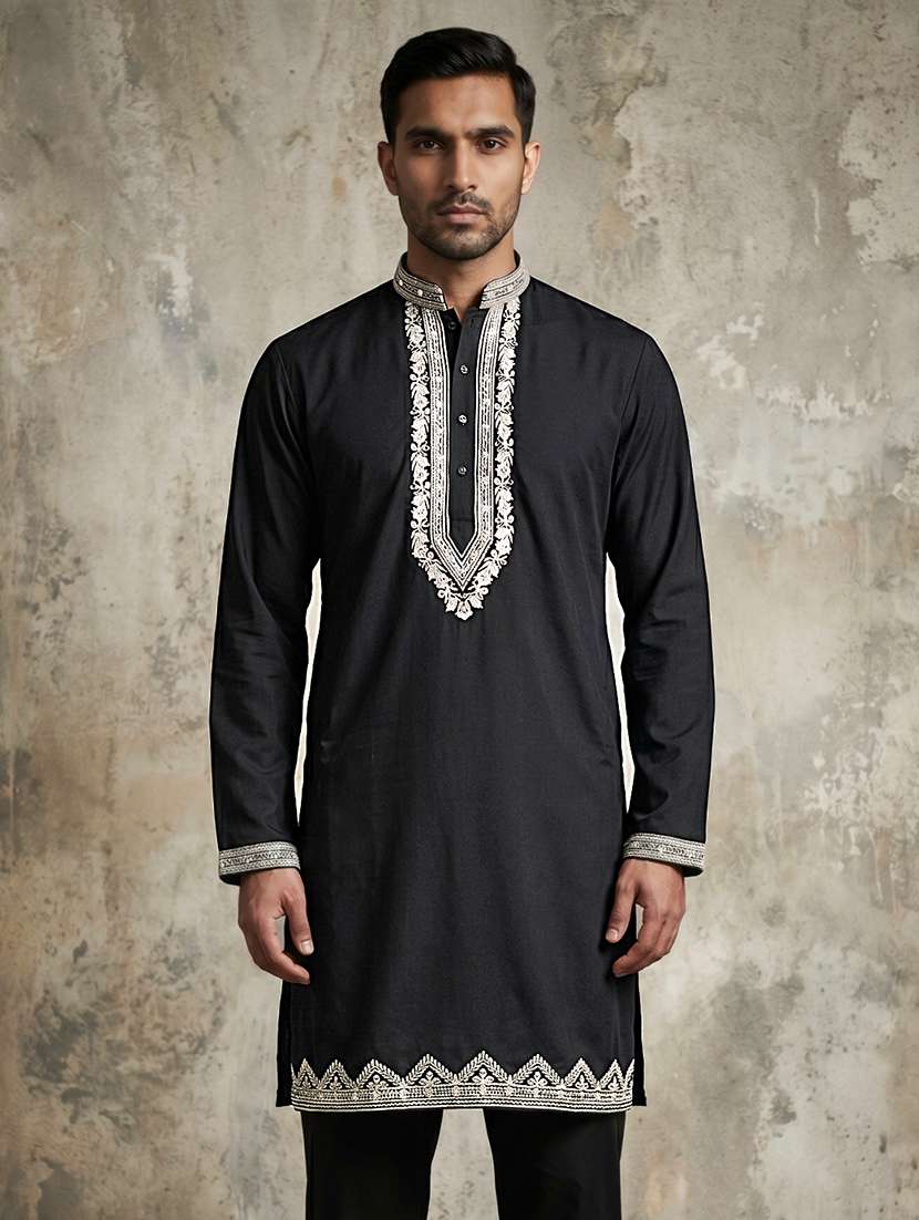 men embroidered mandarin neck long kurta