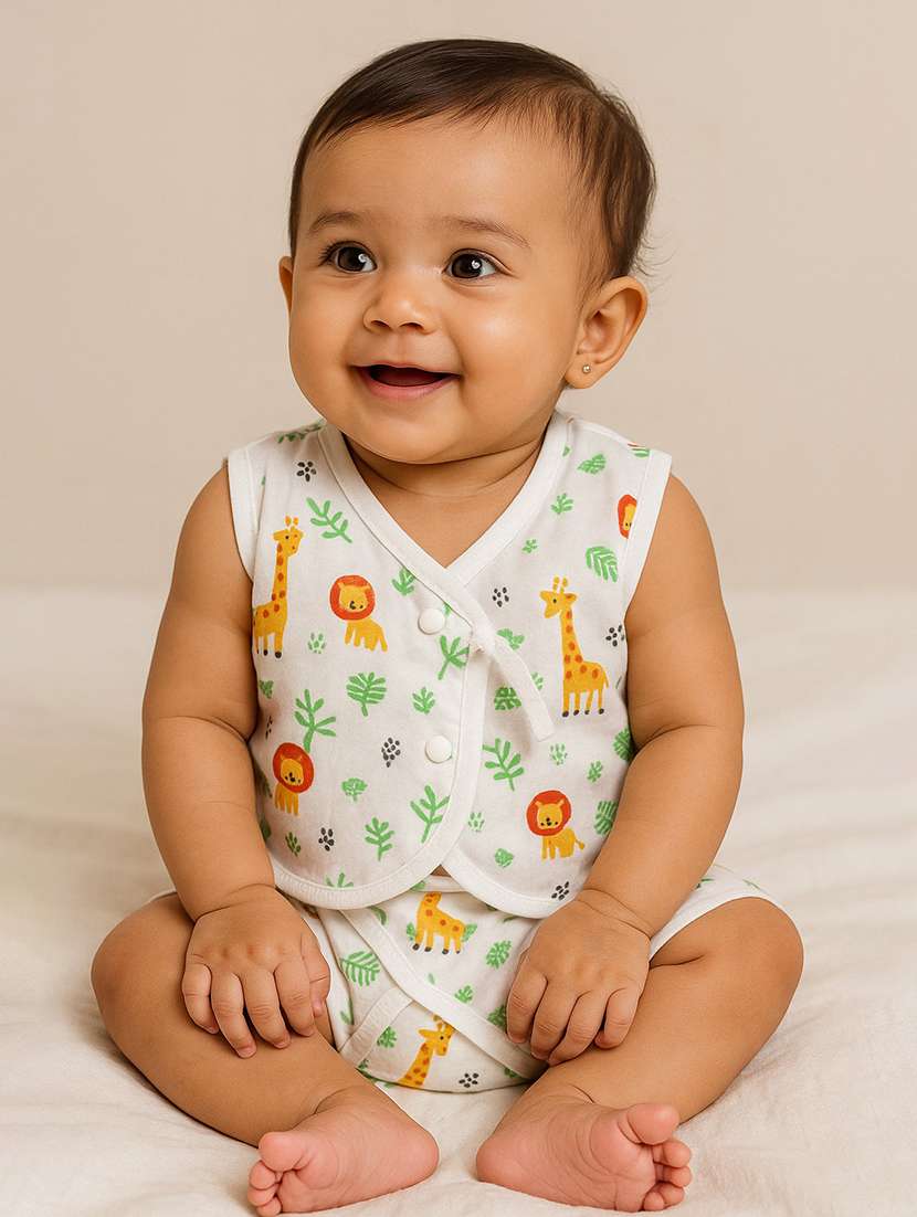 kids printed sleeveless jhabla and nappy set