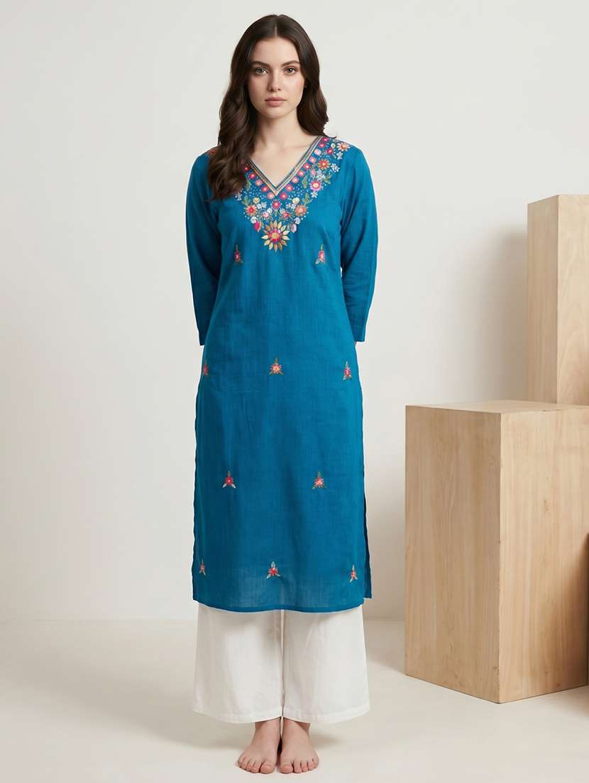 women embroidered three quarter sleeve straight kurta