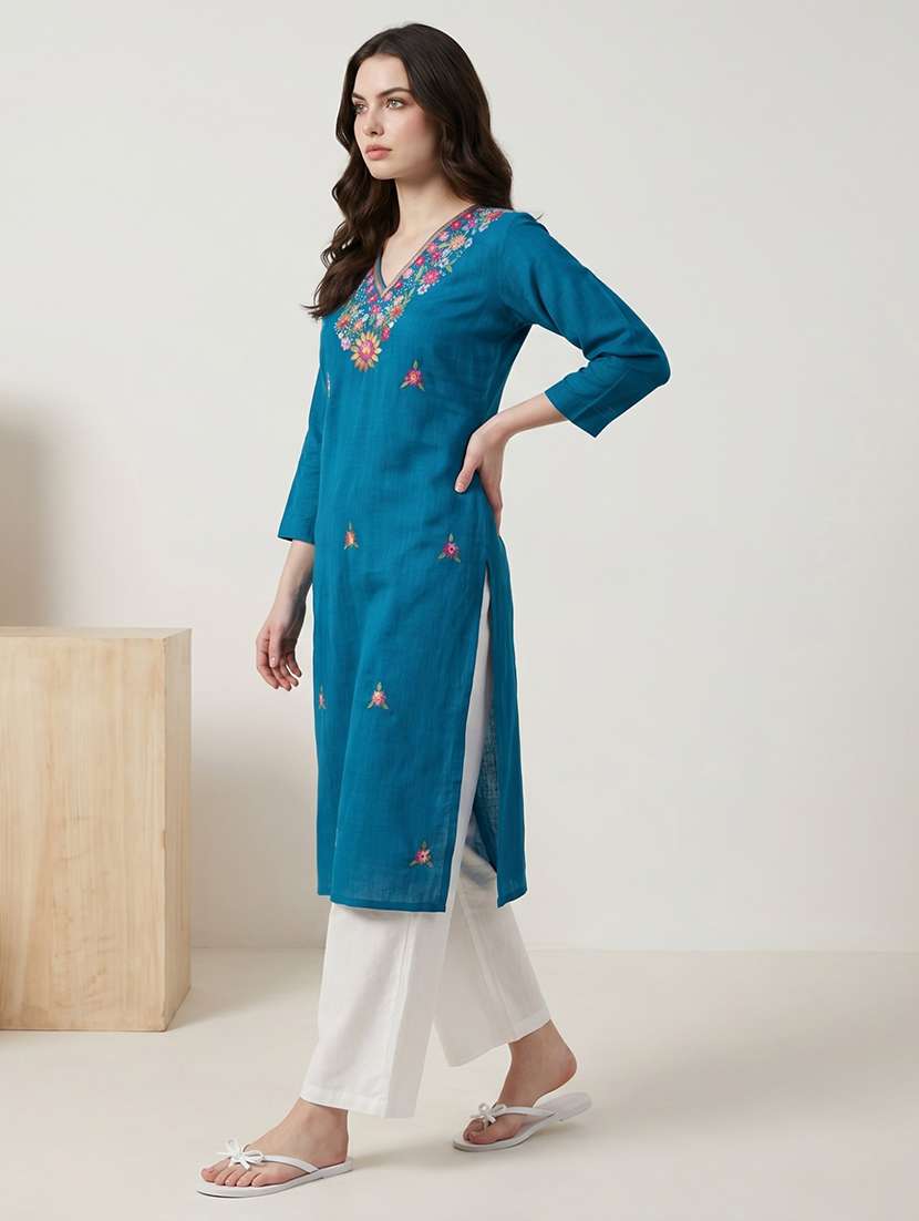 women embroidered three quarter sleeve straight kurta - 22518295 -  Standard Image - 3