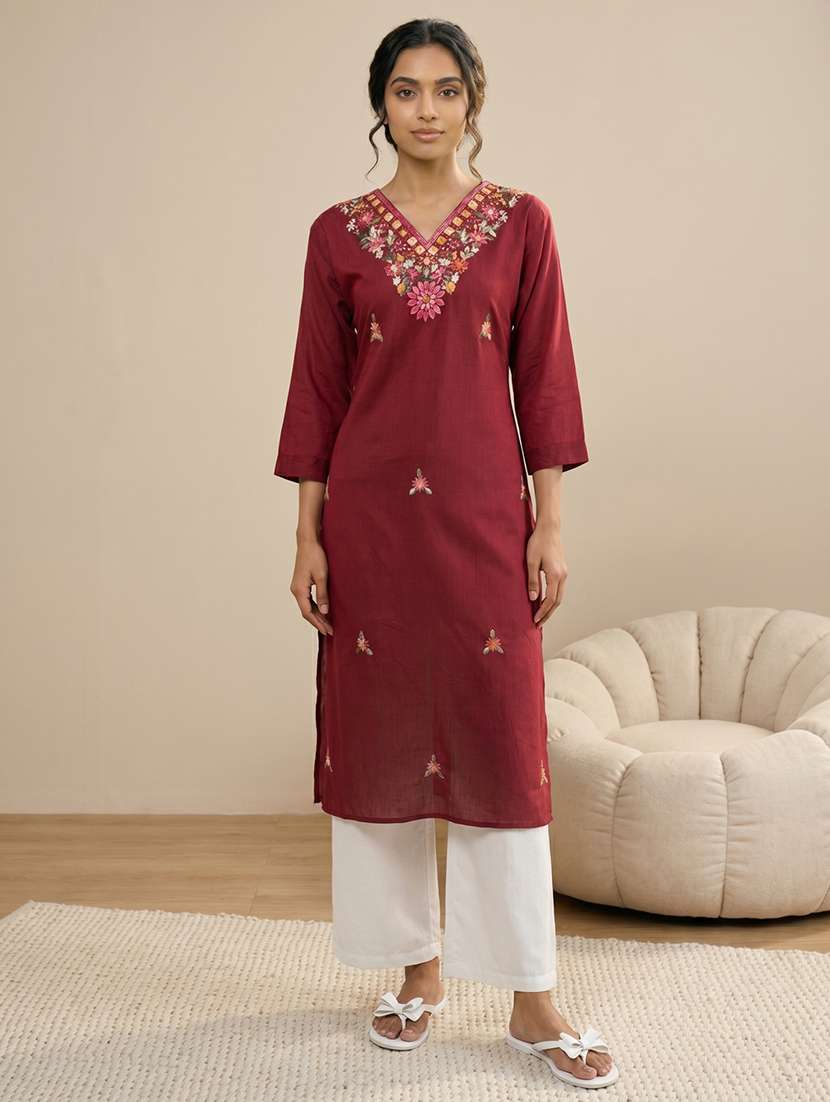 women embroidered three quarter sleeve straight kurta