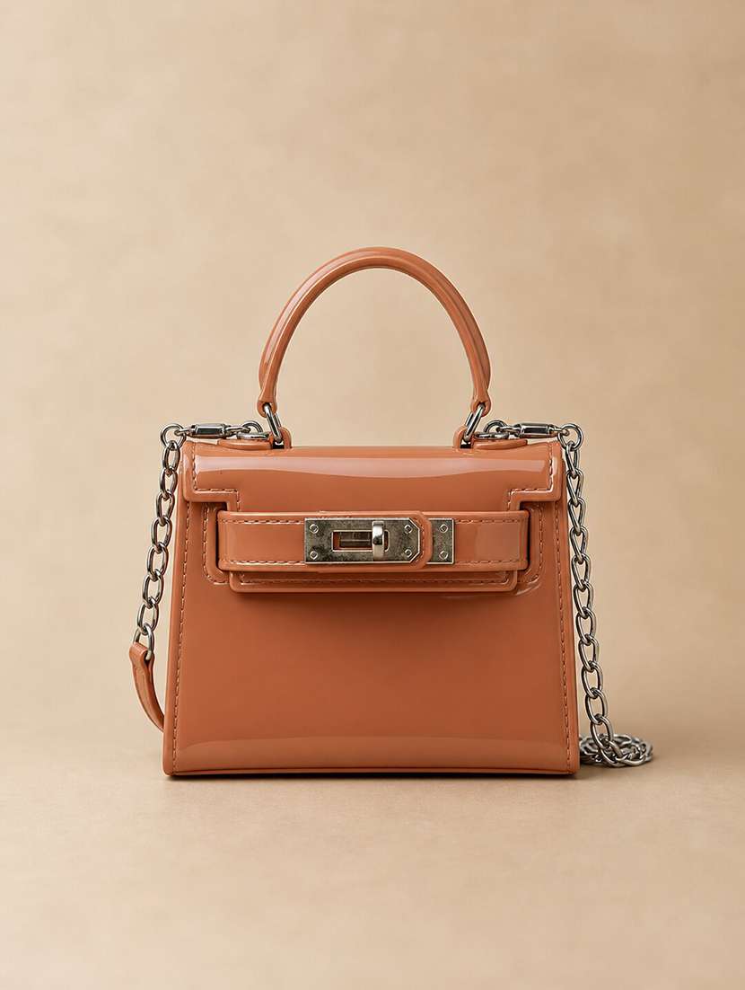 haute handles brown glossy patent mini top handle sling bag