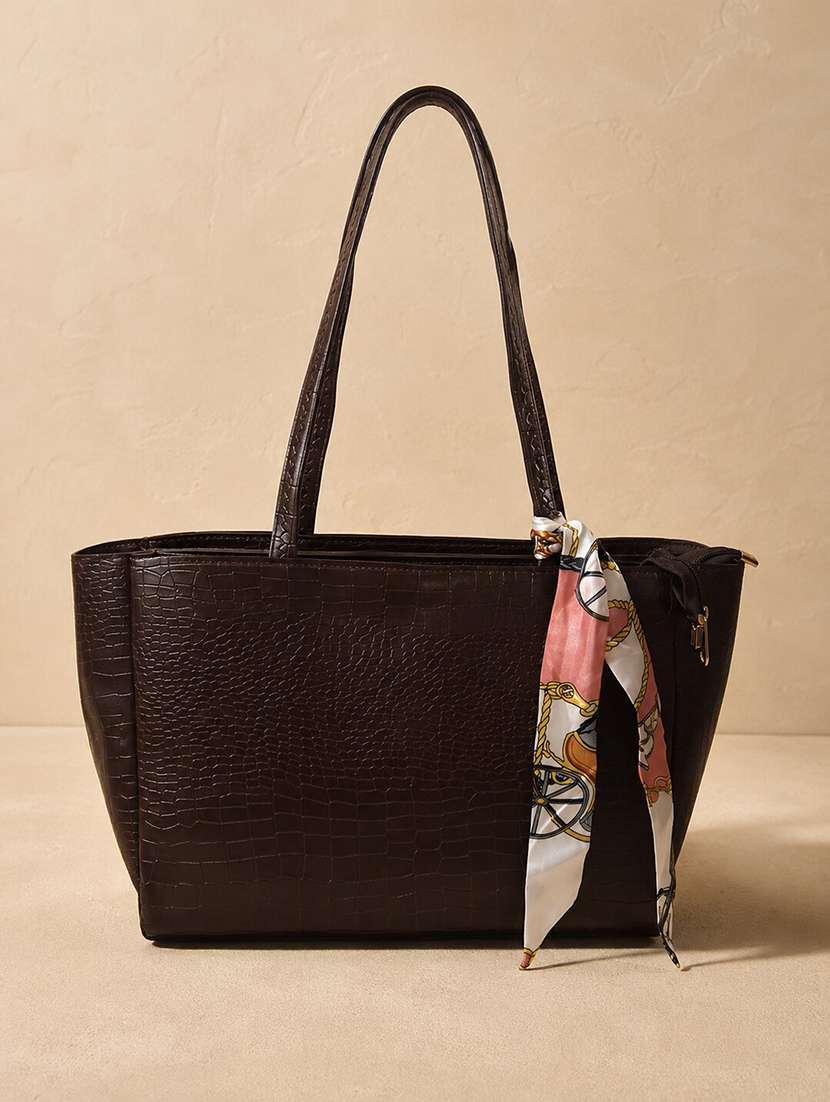 brown leatherette textured tote bag with scarf detail