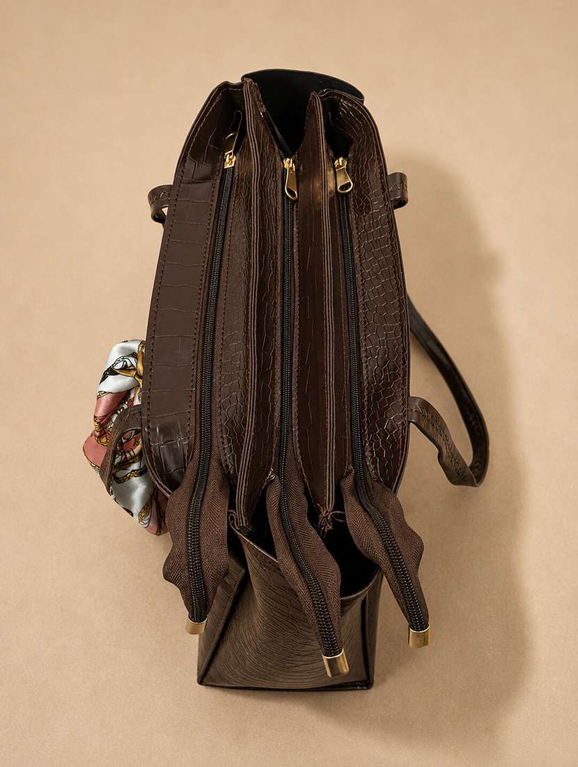 brown leatherette textured tote bag with scarf detail - 22518307 -  Standard Image - 3