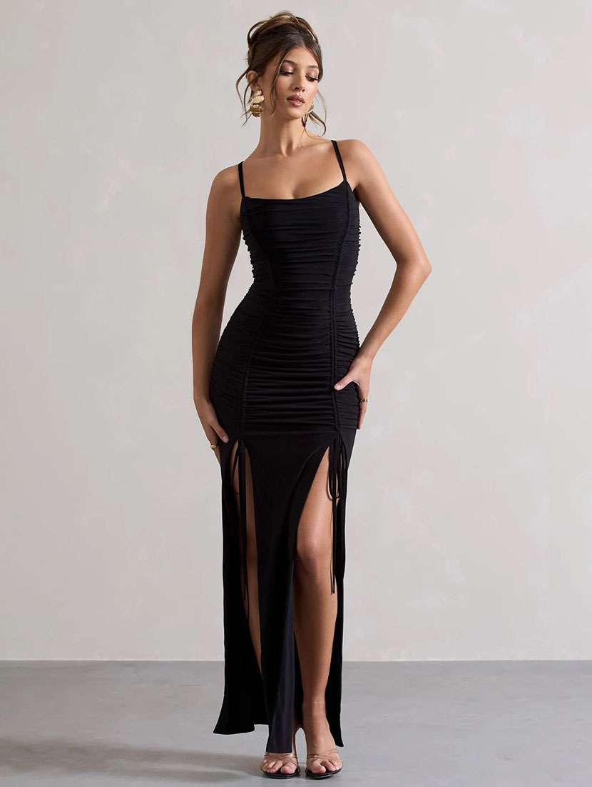 black polyester bodycon dress