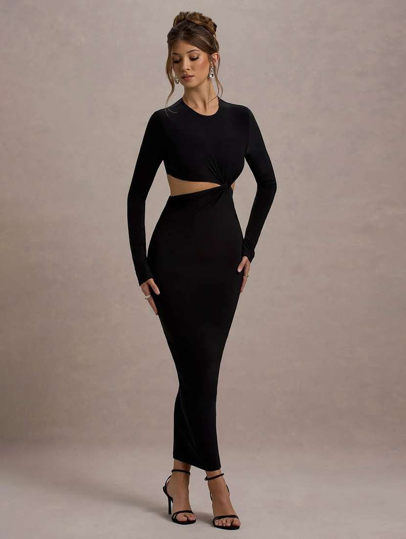 black polyester bodycon dress